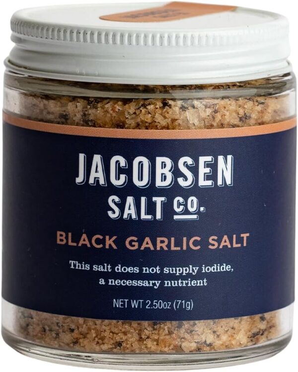 Jacobsen Salt Co. Black Garlic Salt - Kosher Sea Salt, Non-Iodized, Made in USA, Non-GMO, Steak Seasoning, Umami Flavored, Real Salt - 2.5oz