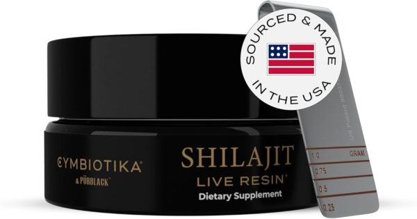 CYMBIOTIKA Pure Himalayan Shilajit Resin with Elemental Gold, Fulvic Acid, 84+ Trace Minerals, Digestive & Immune Supplement to Support Focus & Energy, Overall Health, High Potency, Vegan, 15g Jar