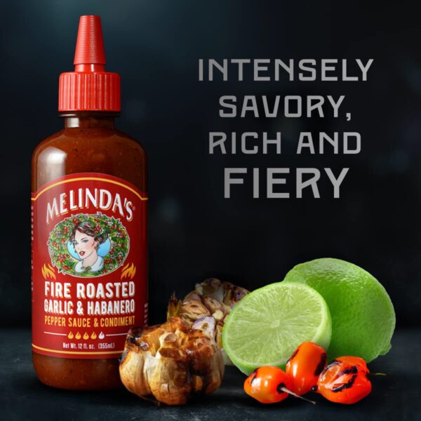 Melinda’s Fire Roasted Garlic & Habanero Hot Sauce - Craft Hot Sauce with Slow Roasted Garlic, Roasted Habanero Peppers, Lime Juice - Richy & Smoky Habanero Hot Sauce 12oz, 2 Pack - Image 2