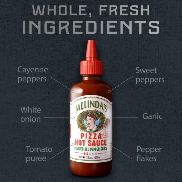 Melinda’s Pizza Hot Sauce - Crushed Red Pepper Sauce Made with Fresh Ingredients, Cayenne Peppers, Garlic, Tomatoes - Gourmet Spicy Pizza Sauce - 12oz, 1 Pack - Image 4