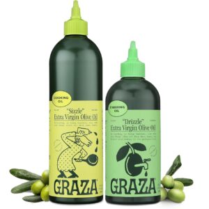 Graza Extra Virgin Olive Oil Variety Pack, Sizzle & Drizzle - High Polyphenol Peak Harvest EVOO Cooking & Finishing Oil in a Squeeze Bottle - Single Farm Olives from Spain