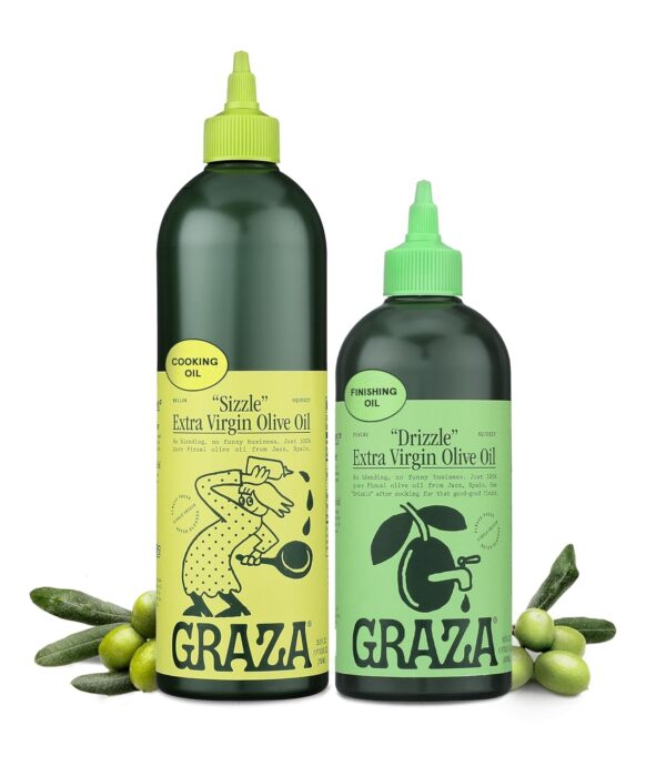 Graza Extra Virgin Olive Oil Variety Pack, Sizzle & Drizzle - High Polyphenol Peak Harvest EVOO Cooking & Finishing Oil in a Squeeze Bottle - Single Farm Olives from Spain