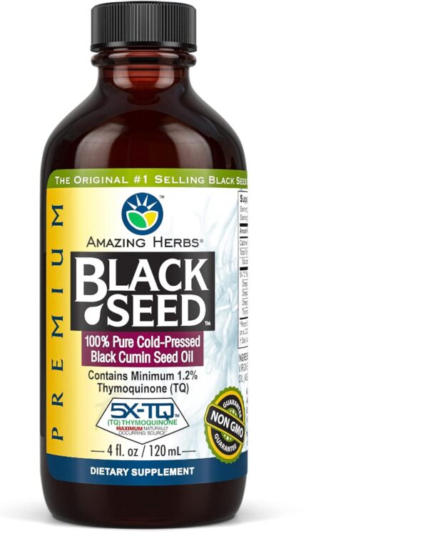 Amazing Herbs Premium Black Seed Oil - Gluten Free, Non GMO, Cold Pressed Nigella Sativa Aids in Digestive Health, Immune Support, Brain Function - 4 Fl Oz