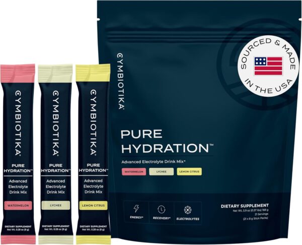 CYMBIOTIKA Pure Hydration Electrolytes Powder Drink Mix with Vitamin C & Magnesium, Keto Friendly Electrolyte Hydration Packets, Variety Pack, Lemon, Lychee & Watermelon, 7 Each, 21 Stick Packets