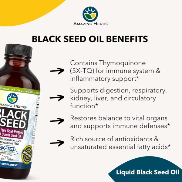 Amazing Herbs Premium Black Seed Oil - Gluten Free, Non GMO, Cold Pressed Nigella Sativa Aids in Digestive Health, Immune Support, Brain Function - 4 Fl Oz - Image 7