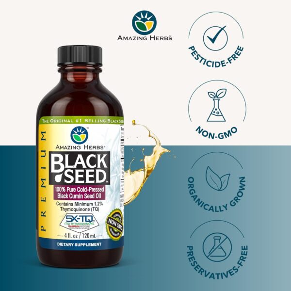 Amazing Herbs Premium Black Seed Oil - Gluten Free, Non GMO, Cold Pressed Nigella Sativa Aids in Digestive Health, Immune Support, Brain Function - 4 Fl Oz - Image 3