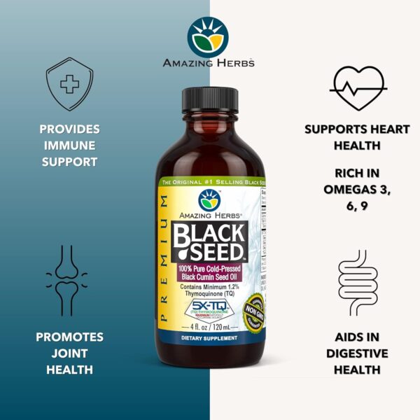 Amazing Herbs Premium Black Seed Oil - Gluten Free, Non GMO, Cold Pressed Nigella Sativa Aids in Digestive Health, Immune Support, Brain Function - 4 Fl Oz - Image 4