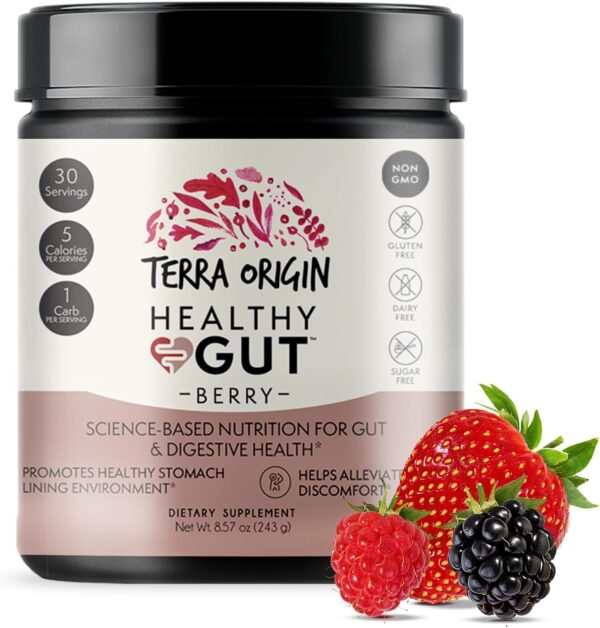 TERRA ORIGIN Healthy Gut Powder (Berry Flavor) |30-Servings with L-Glutamine, Zinc, Glucosamine, Slippery Elm Bark, Marshmallow Root and More!