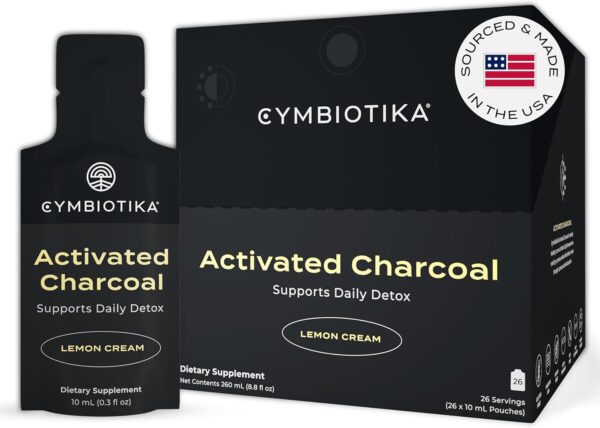 CYMBIOTIKA Activated Charcoal Liquid Supplement with Vitamin E, Gut Health & Digestive Support for Adults, Helps Cleanse, Detox, Support Gas, Bloating, Lemon Cream Flavor, Vegan, 10ml Pouches, 26 Pack