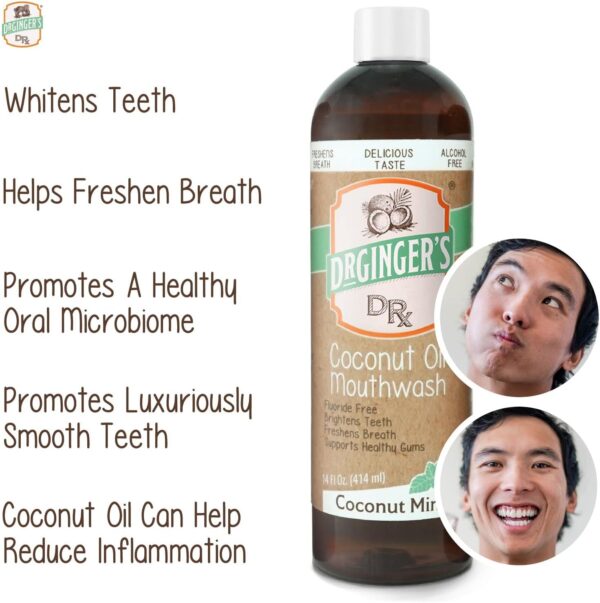 Dr. Ginger's Coconut Oil Pulling Mouthwash, All-Natural Oil Pulling & Xylitol to Target Bad Breath, Support Tongue and Gum Health and Brighten Teeth, Fluoride-Free, Coconut Mint Flavor, 14fl oz, 2ct - Image 6