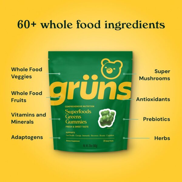 Gruns Adults Super Greens Gummies, Superfood Gummy Bears with Spirulina, Chlorella & Prebiotics for Digestive Health - Adaptogens Supplement with 20 Vitamins & Minerals, Low Sugar- 1 Month Supply - Image 3