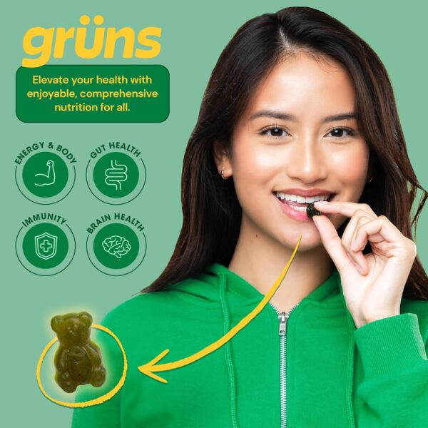 Gruns Adults Super Greens Gummies, Superfood Gummy Bears with Spirulina, Chlorella & Prebiotics for Digestive Health - Adaptogens Supplement with 20 Vitamins & Minerals, Low Sugar- 1 Month Supply - Image 6