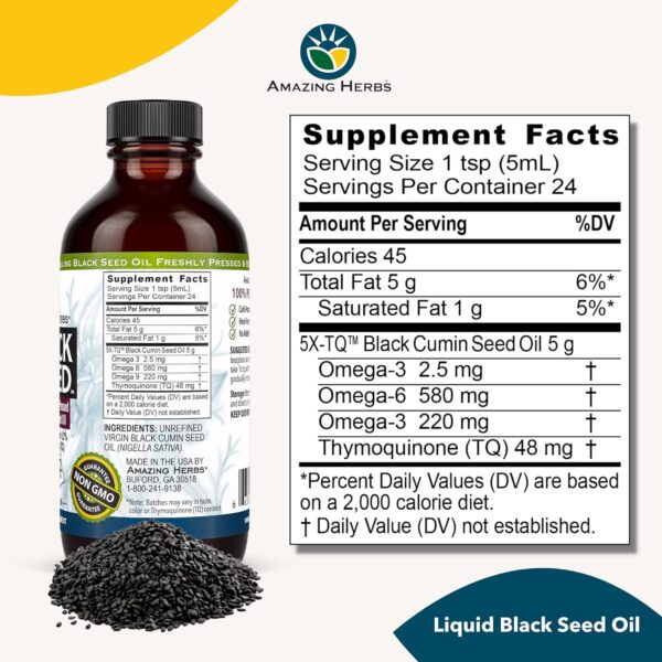 Amazing Herbs Premium Black Seed Oil - Gluten Free, Non GMO, Cold Pressed Nigella Sativa Aids in Digestive Health, Immune Support, Brain Function - 4 Fl Oz - Image 6