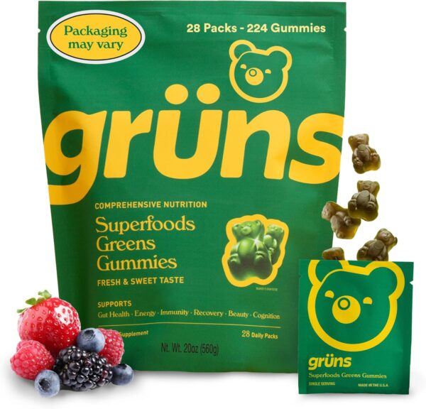 Gruns Adults Super Greens Gummies, Superfood Gummy Bears with Spirulina, Chlorella & Prebiotics for Digestive Health - Adaptogens Supplement with 20 Vitamins & Minerals, Low Sugar- 1 Month Supply